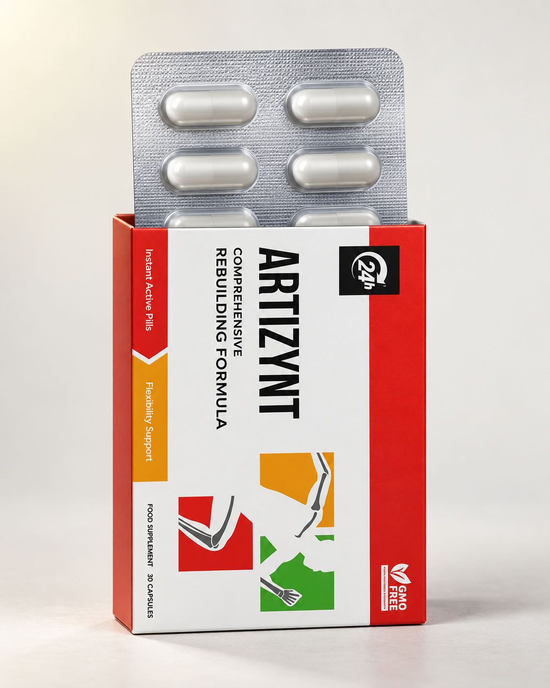 ArtiZynt-Faltschachtel mit herausragendem Blister und weißen Kapseln