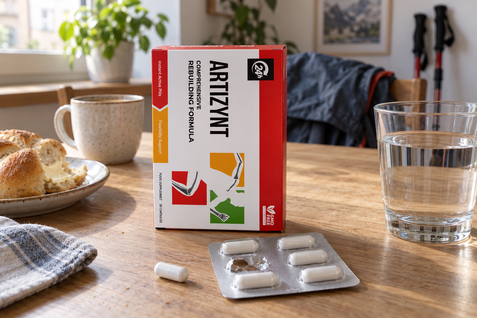 ArtiZynt-Packung und Blister mit Kapseln auf dem Küchentisch neben Frühstück und einem Glas Wasser